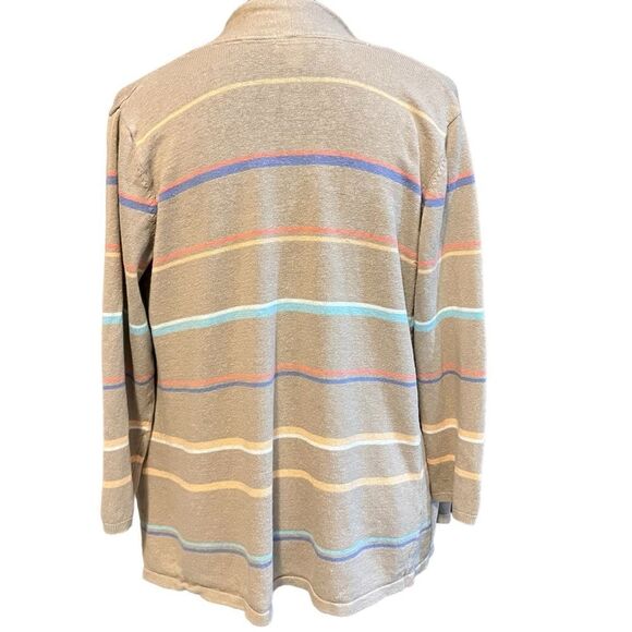 J. Jill Linen Blend Open Front Ladies Cardigan Women’s Tan Stripe Med Petite - Picture 3 of 8
